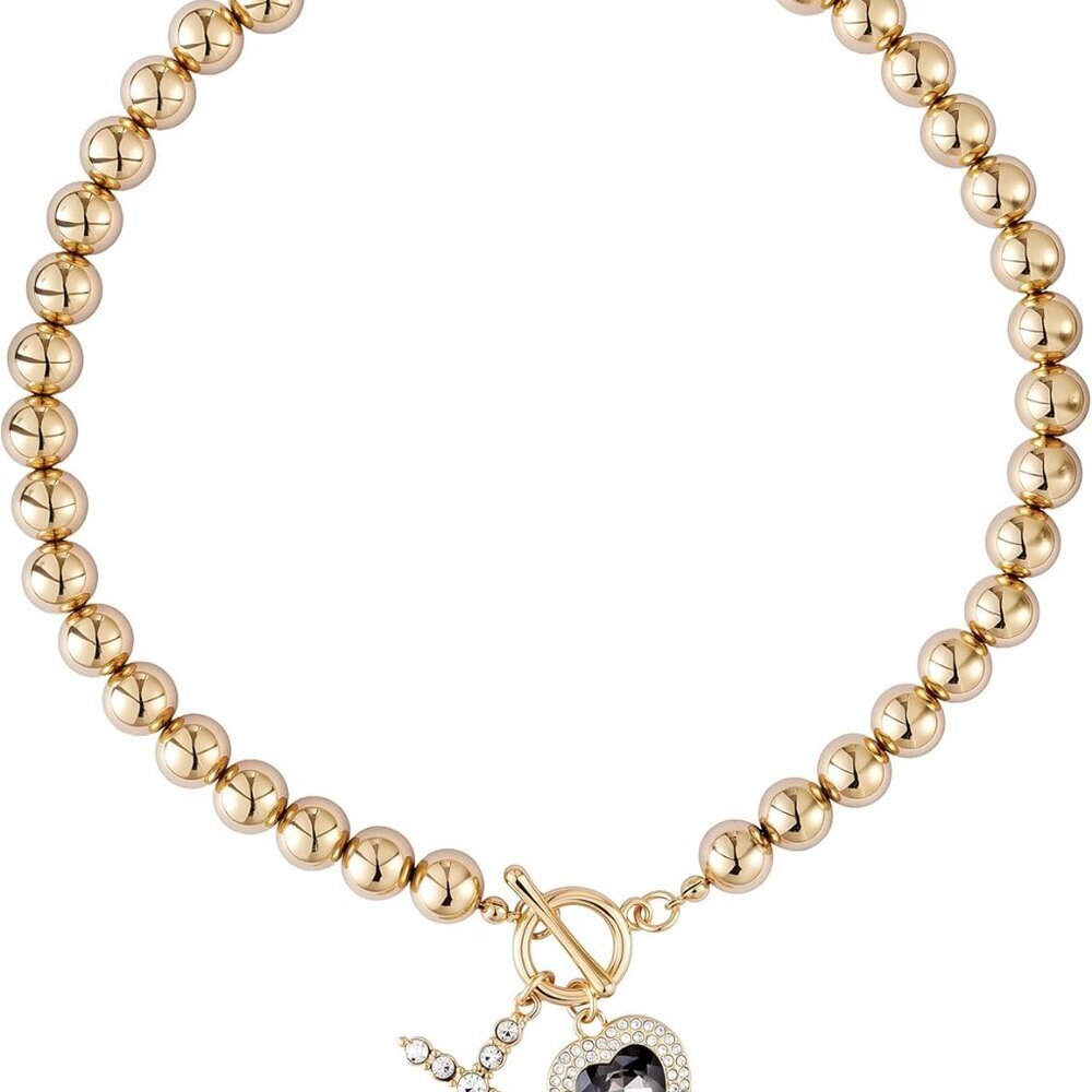 Chunky Beaded Necklace Women Gold Plated Heart Cross Toggle Jewelry